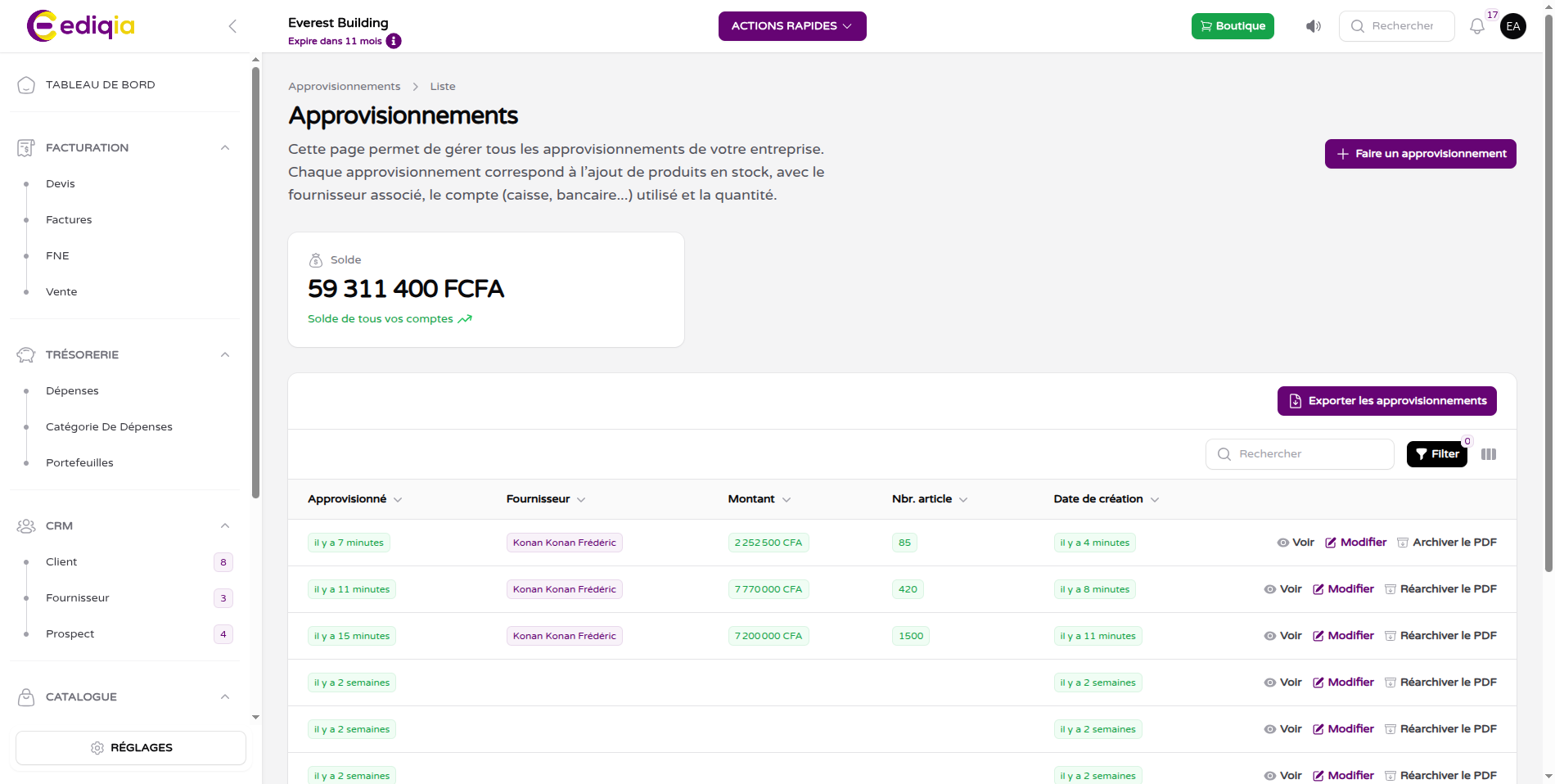 Approvisionnements dans Ediqia
