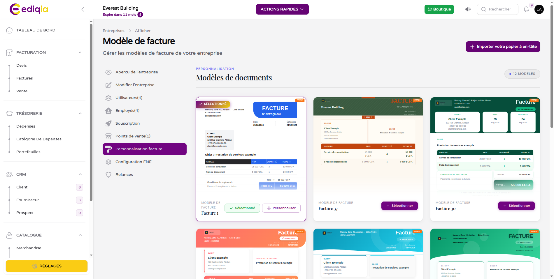 Modèles personnalisés dans Ediqia