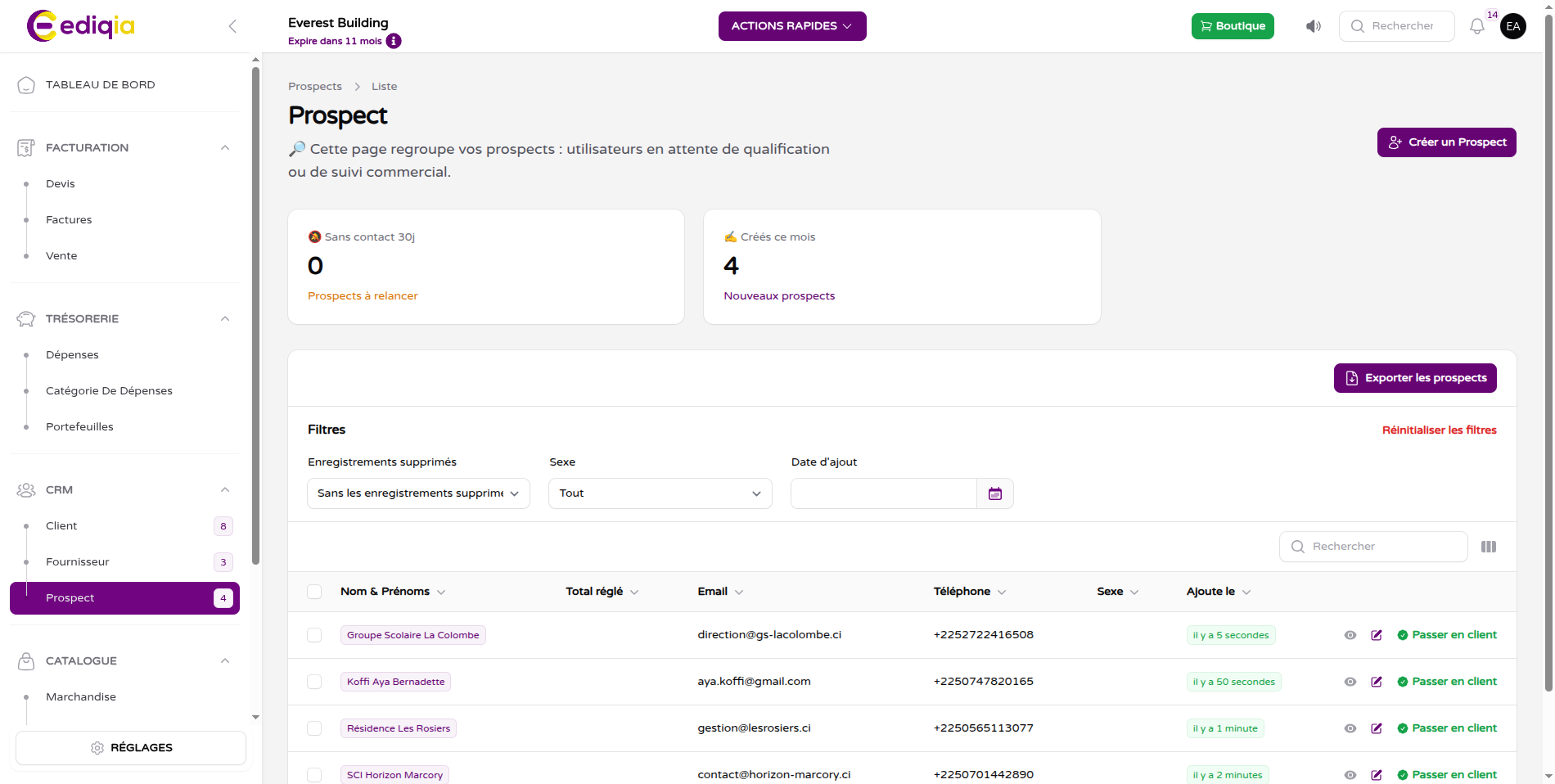 Prospection dans Ediqia